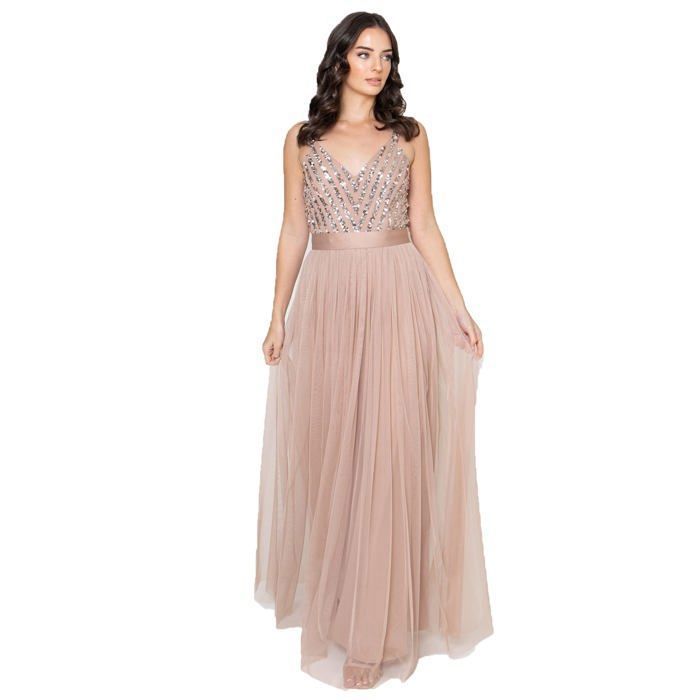 Maya deluxe PL4 1124 Femme Maxi Soiree Longue sans Manches Robe Demoiselle d honneur Col V Ceremonie Bal Blush taupe Cdiscount Pret a Porter