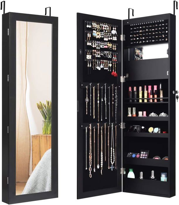 GOPLUS Armoire à Bijoux Murale Avec Miroir Pleine Longueur 2 En 1 - Blanche, Verrouillable Et Suspendable