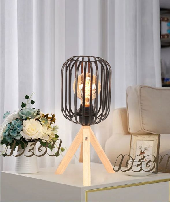 Lampe de Table - IDEGU - Vintage - Trépied en Bois - E27 - 18x35cm