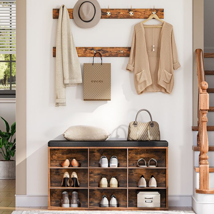 HOOBRO Banc à Chaussures Banc de Rangement avec 9 Compartiments Étagère à Chaussures Porte-Manteau 80 x 30 x 48 cm