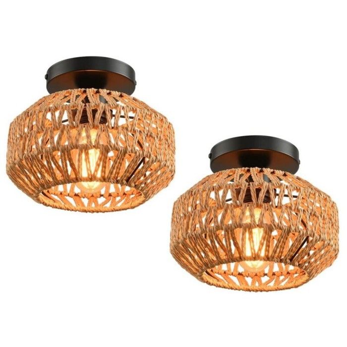 WOTTES Rotin Plafonnier Vintage Boho - Cage en Rotin Brun - Rétro Plafonnier Rustique - pour Cuisine Couloir Salon - 2pcs Ø20*17CM