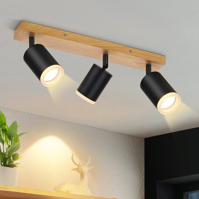 Homefire Spot de plafond spots de plafond noirs lampe de cuisine GU10 spot mural en bois vintage pivotant ampoule orientable à 350°