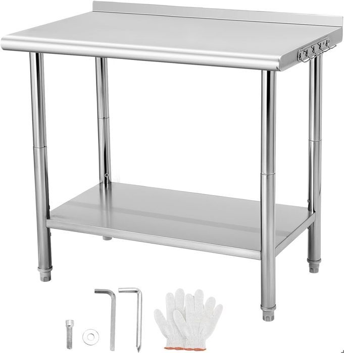 Table de Travail Inox - Plan de Travail Professionnel - Argent - 91x61x90cm - Deux étages - Hygiénique
