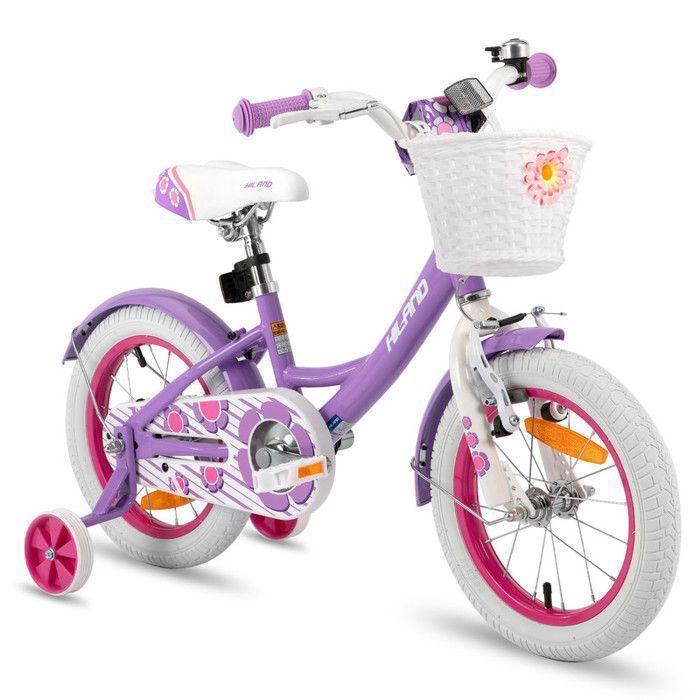 HH HILAND Vélo pour fille de 4,5,6 ans, violet, avec roues stabilisatrices, frein à main, frein à rétropédalage, porte-bagages