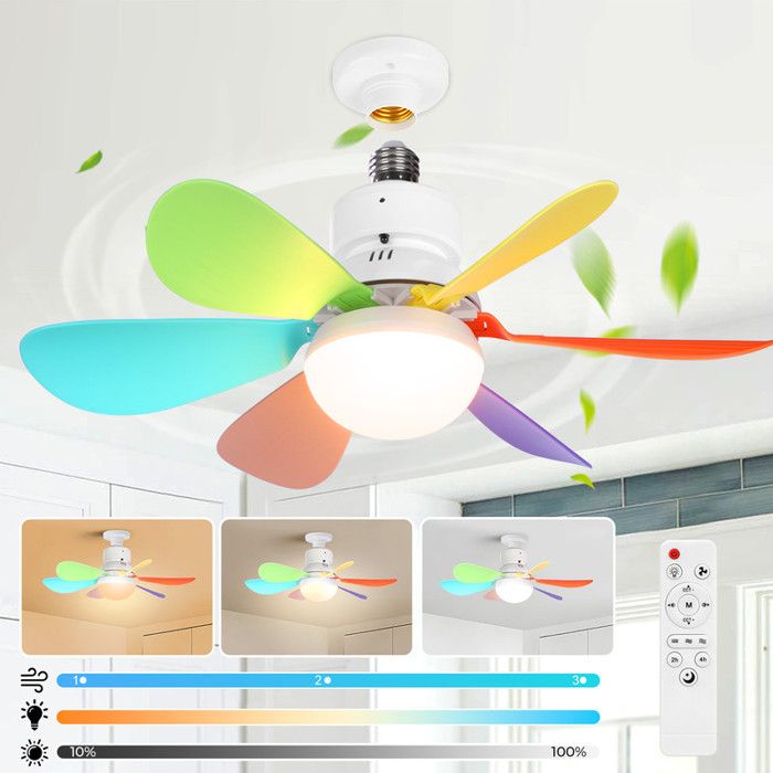 Ventilateur de Plafond avec Lumière et Telecommande Dimmable Lustre Ventilateur Plafond LED pour Chambre - 6 Pales Multicolores - Rosnek