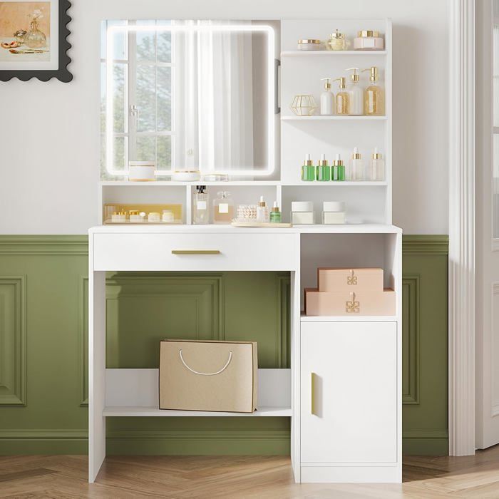 Coiffeuse avec MiroirÉClairage LED3 Étagères et 4 CompartimentsGrands Tiroirs et Rangements3 Niveaux DIntensité RéglablesBlanc