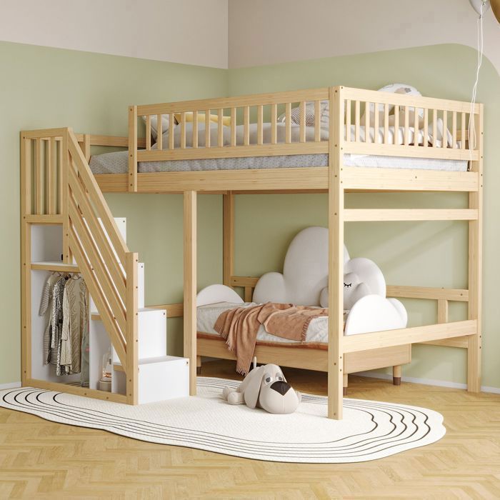 Lit superposé SEYAKANY 140*200mm lit enfant avec cadre en bois massif armoire de rangement et escalier couleur bois naturel
