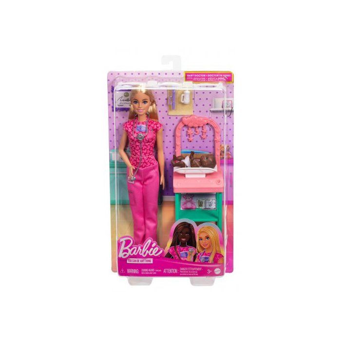 Coffret Barbie Pediatre - Poupee blonde Bebe Accessoires - Metier medical Docteur Medecin - Set Jouet Enfants et Carte