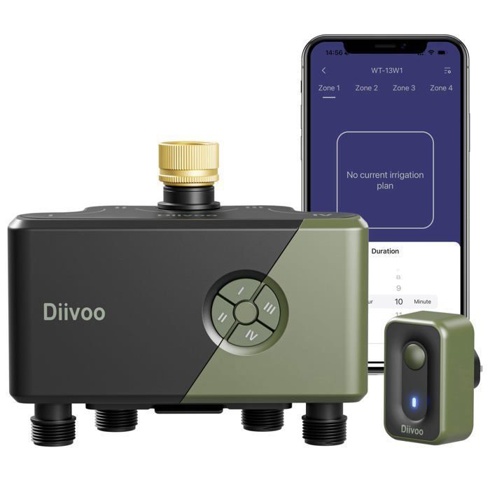 Diivoo Programmateur darrosage WiFi 4 Voies Connecteur en Laiton Minuterie darrosage Automatique dirrigation pour Jardin