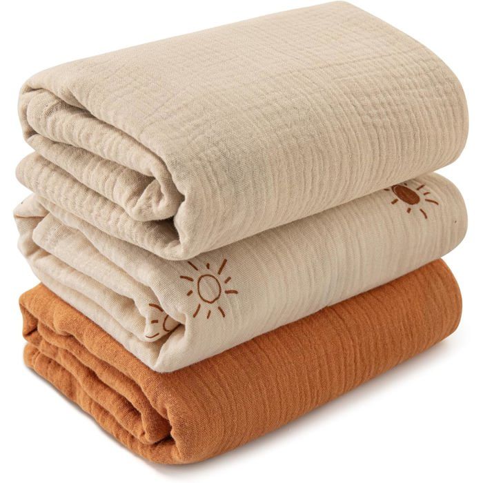 Lot de 3 couvertures mousseline 95x100 cm marron essentielles pour emmaillotage et baby shower Label