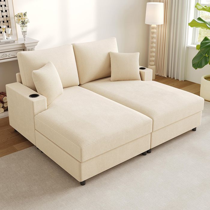 Canapé-lit double XXL - Velours côtelé beige - Support téléphone 360° - Ports USB/USB-C - Porte-gobelets & 2 coussins
