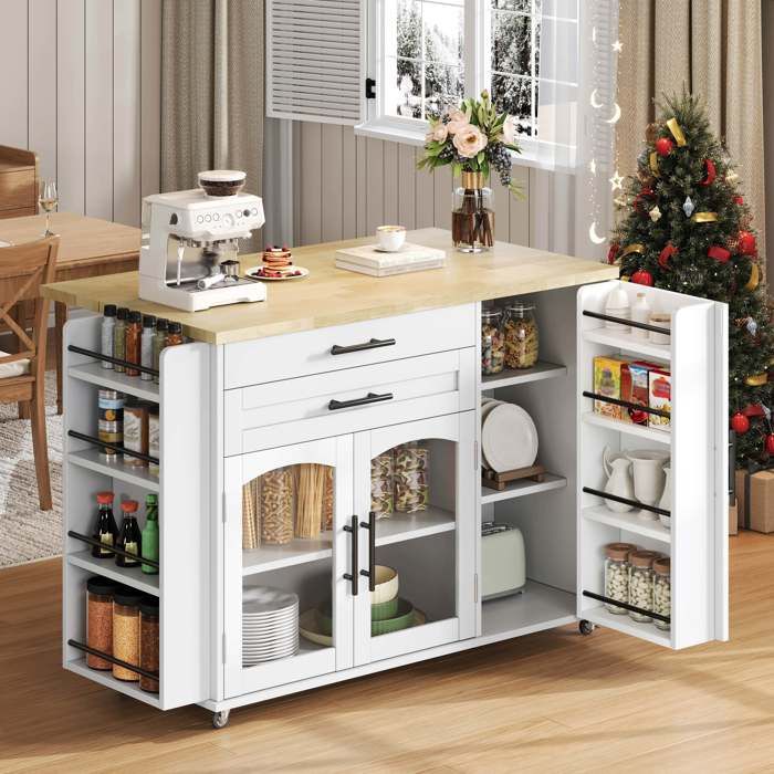 Îlot de cuisine extensible sur roulettes Desserte de cuisine avec plan de travail rabattable 2 tiroirs 3 portes étagères - blanc