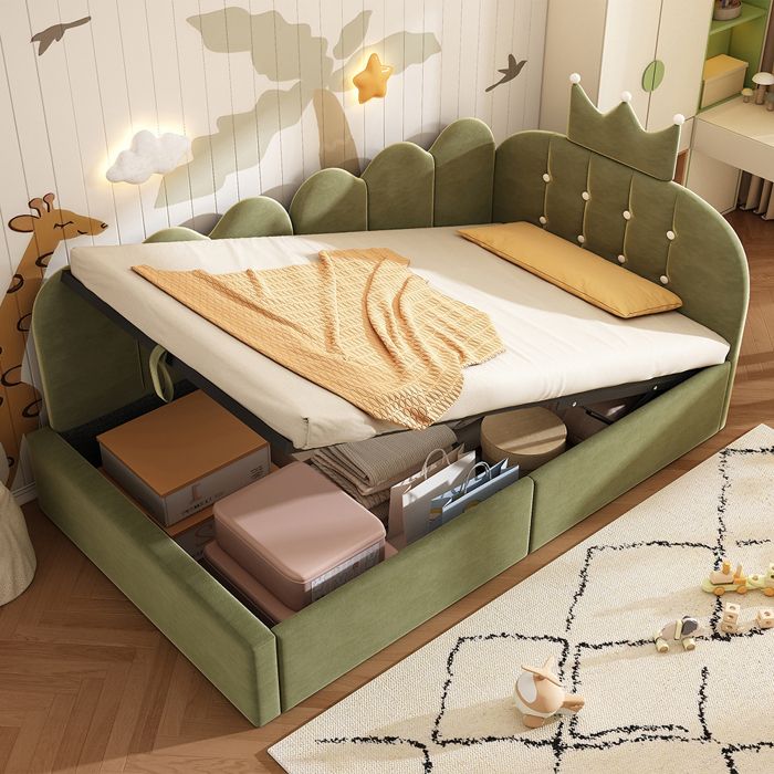 Lit simple rembourré 90 x 190 cm Canapé-lit avec hydraulique rangement Lit enfant avec couronne sommier à lattes velours vert