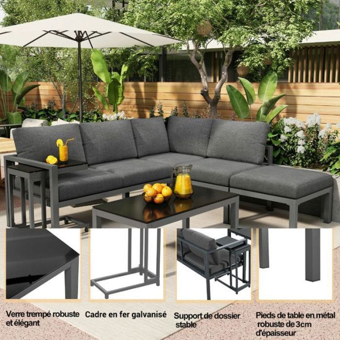 Salon de jardin aluminium robuste 5 pièces gris coussins épais 9 cm adapté pour usage extérieur quotidien