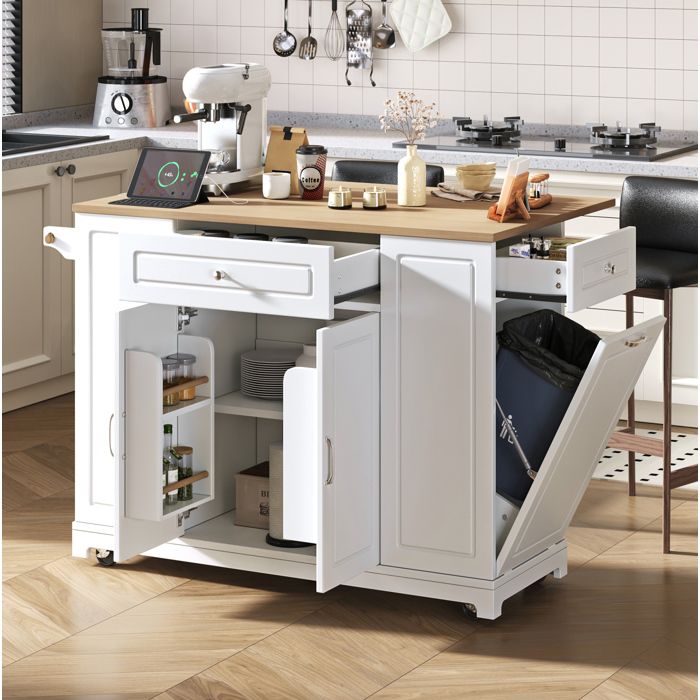 Îlot Cuisine Mobile 131.8x40-70x93.3 cm plateau rabattable prises USB roulettes blanc et naturel