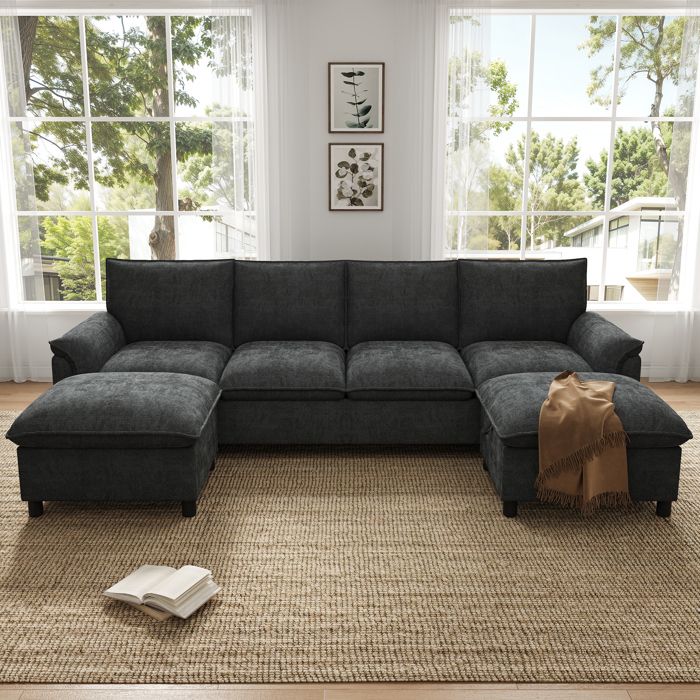 Canapé dangle modulaire Cloud en forme de U 264.5x78.5x84cm assise profonde avec 2 repose-pieds amovibles dossier haut noir Canapé dangle modulaire Cloud en forme de U 264.5x78.5x84cm assise profonde avec 2 repose-pieds amovibles dossier haut noir