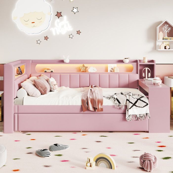 Luscriate - Lit enfant 90x200 cm lit rembourré avec étagère coulissante - Lit de rangement avec port USB et lumineuse LED - Rose