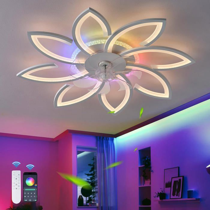 Fleurs Luminaire Ventilateur RGB Avec Télécommande APP Lampe Ventilateur Plafond Couleur Variable Ventilateur Plafond Salon Blanc
