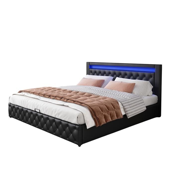 Lit rembourré 160 x 200 cm – PU noir – sommier à lattes inclus – coffre de rangement – LED