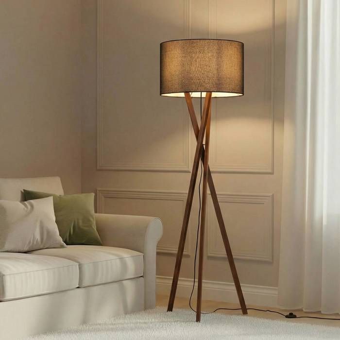 Lucande Lampadaire Tissu Auriane (Scandinave) en Marron Textile e. a. pour Salon & Salle à manger (1 lampe à E27) Sur Pied Lampe a