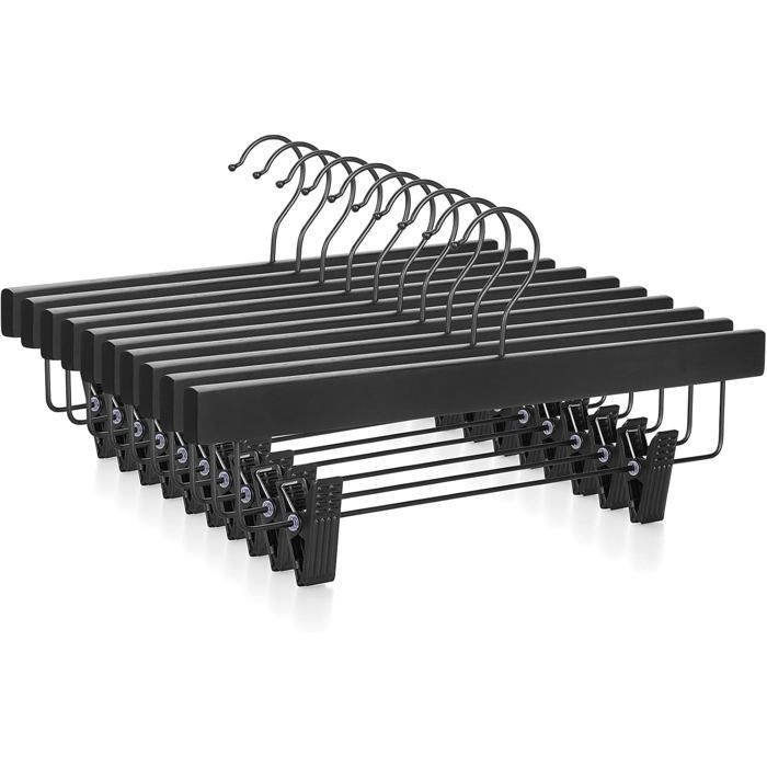 Cintres à pinces en bois pour pantalons et jupes crochet pivotant 360° lot de 10 noir modèle CTS02B
