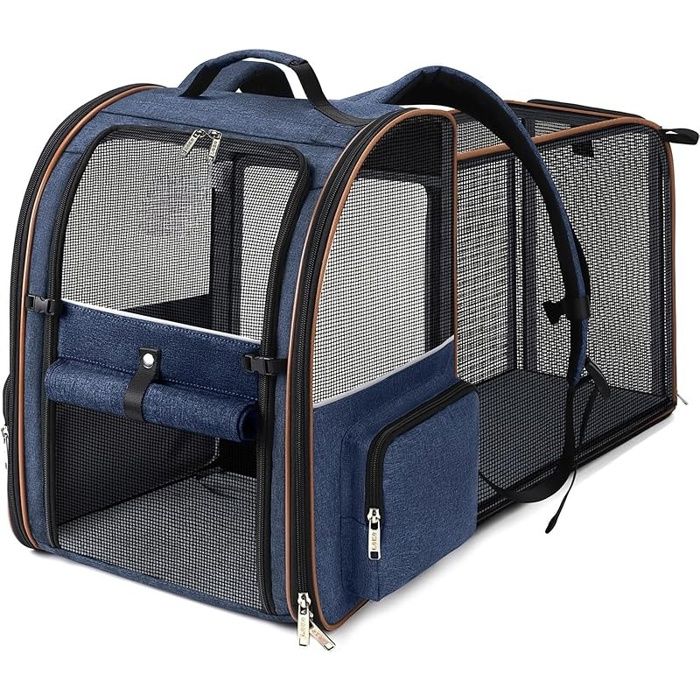Sac Transport Chat avec 4 Entrées Sac Transport Chien Respirant - Sac a Dos Chat avec Harnais Intérieur -Maximale 12kg - Bleu