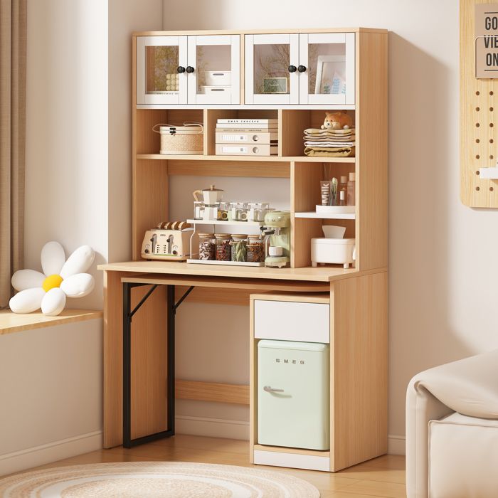 ELVORIN Bureau secrétaire pivotant avec rangements 110 x 55 x 180 cm MDF 3 portes 1 tiroir blanc et naturel