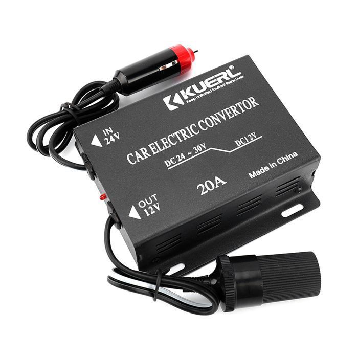 Convertisseur 24V→12V – 20A – 240W – alliage alu – protection surcharge – audio – LED – camion – bus