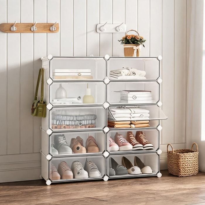 Petit Meuble De Rangement - Organisateur modulaire 10 niches avec portes structure en ABS et métal finition blanc 40x30x170 cm