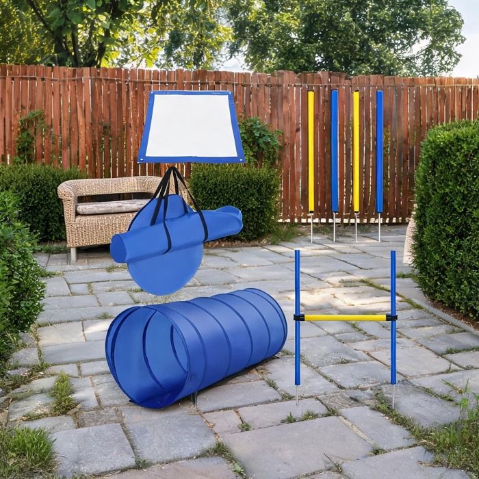 Set dagility 5 pièces pour chien - Tunnel slalom haie réglable et aire de départ - Soft yellow - Transportable