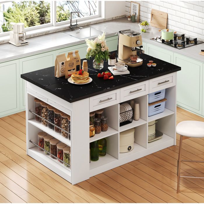 Desserte de cuisine 6 Tiroirs 3 Portes et Table Extensible Intégrée - ELVMI - MDF Blanc effet marbre 150×90×90 cm