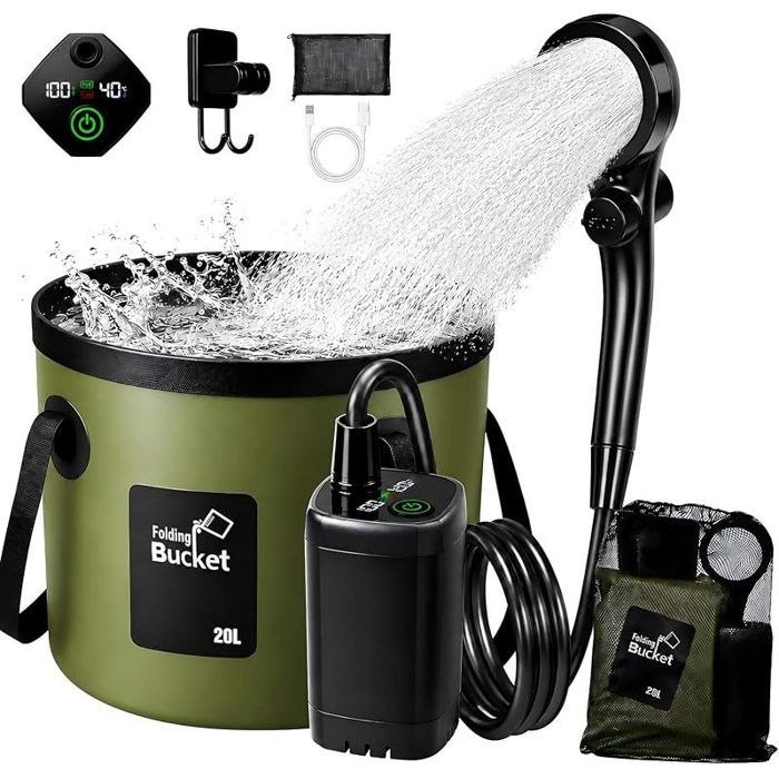 Douche Camping Portable avec Pompe Batterie 6000mAh – Kit Douche avec Seau Pliable 20L Pommeau 3 Modes Tuyau 2m IPX7 Étanche Vert