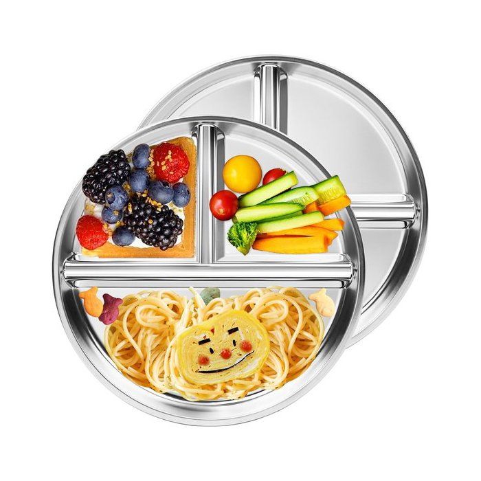 Lot 2 assiettes compartimentées inox Contrôle des portions pour adultes/enfants Incassables Pour repas/camping 23 cm