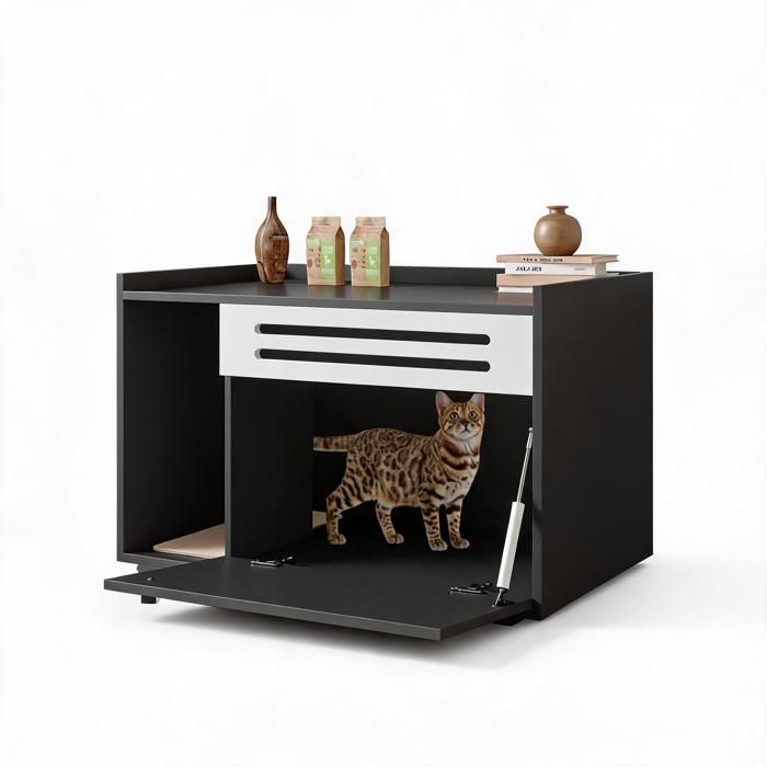 Meuble Cache-Litière  Chat - Armoire Bois Porte Rabattable Ventilation Optimale Espace Discret - Table dAppoint-noir