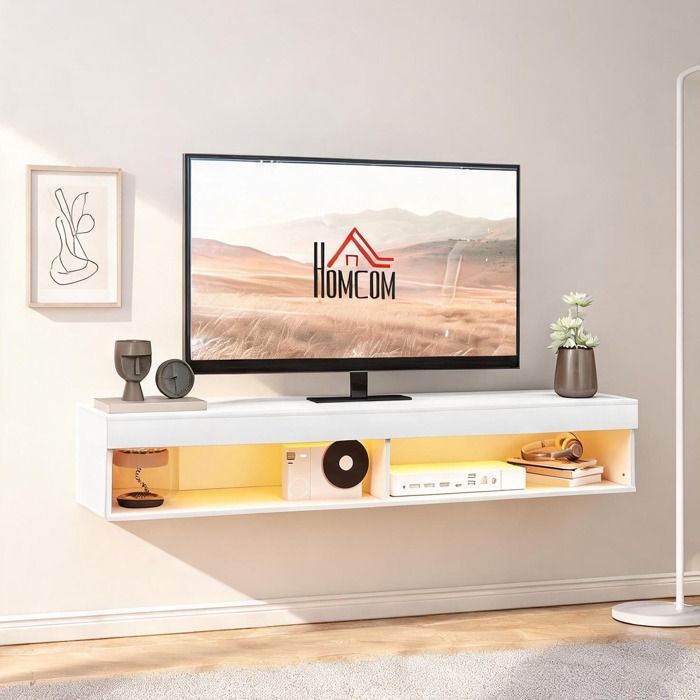 Meuble TV mural blanc contemporain avec éclairage LED 16 couleurs - 180 cm - Blanc Bois 180 x 40 x 30 cm Ref WFNZUZ