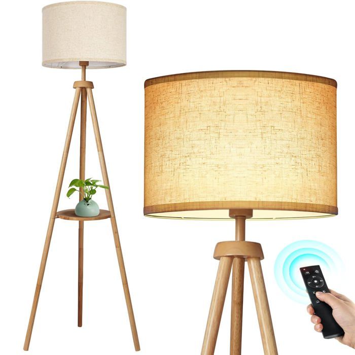 Lampadaire Trépied LED Dimmable avec Étagères en Bois - Lampe sur Pied Moderne avec Télécommande pour Salon ou Bureau Total