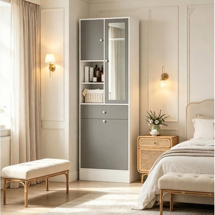 Colonne de salle de bain avec miroir panier à linge caché et tiroir étagère réglable 62 x 28 3 x 181 cm TYNQER
