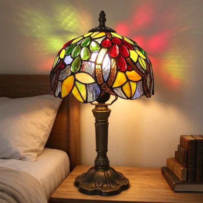 Lampe de Table Tiffany 20 cm - Abat-jour Vitrail Raisin Fleur Style Rétro - Lampe de Chevet Baroque Fait Main - Douille E27