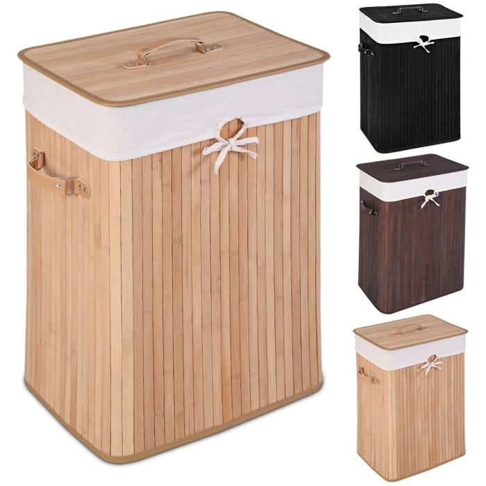Panier à Linge Avec Roulettes 130L - Couvercle En Bois - Sac Amovible Divisé 2 Sections - Blanc 68x34x67cm - Charge Max 40kg