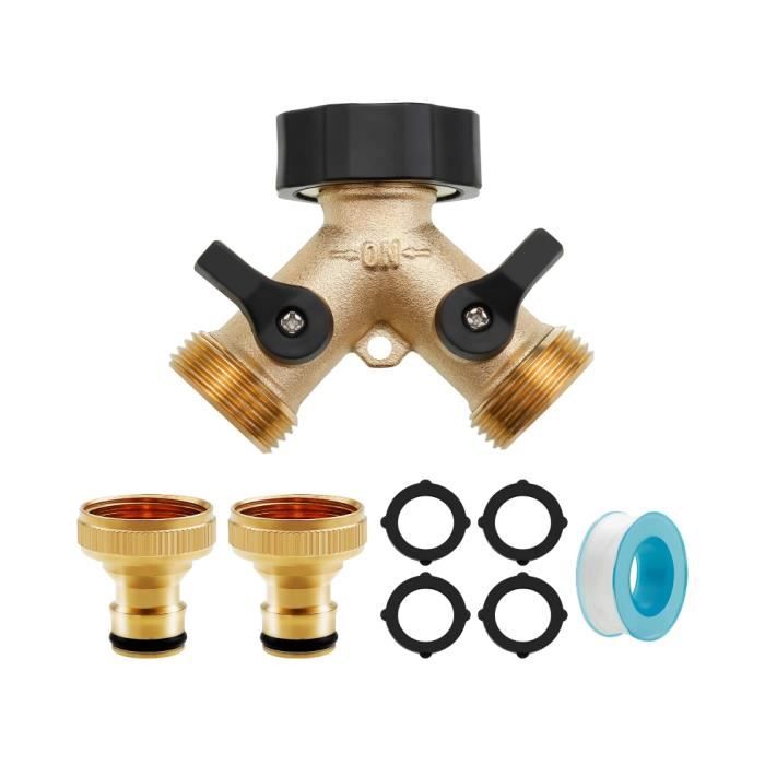 Robinet Double de Jardin - MARQUE - 2-Voies Y-Distributeur - Laiton massif - Raccord Y 3/4 Pouces - Anti-fuites