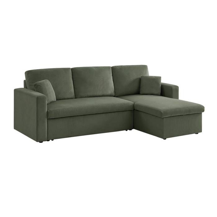 Canapé dangle convertible en velours côtelé kaki foncé- IDA - 3 places. fauteuil dangle réversible coffre rangement lit