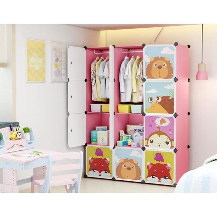 Meuble Rangement Enfant avec Motifs danimaux - Support de Rangement - Armoires Etagères Plastiques - 12 Cubes