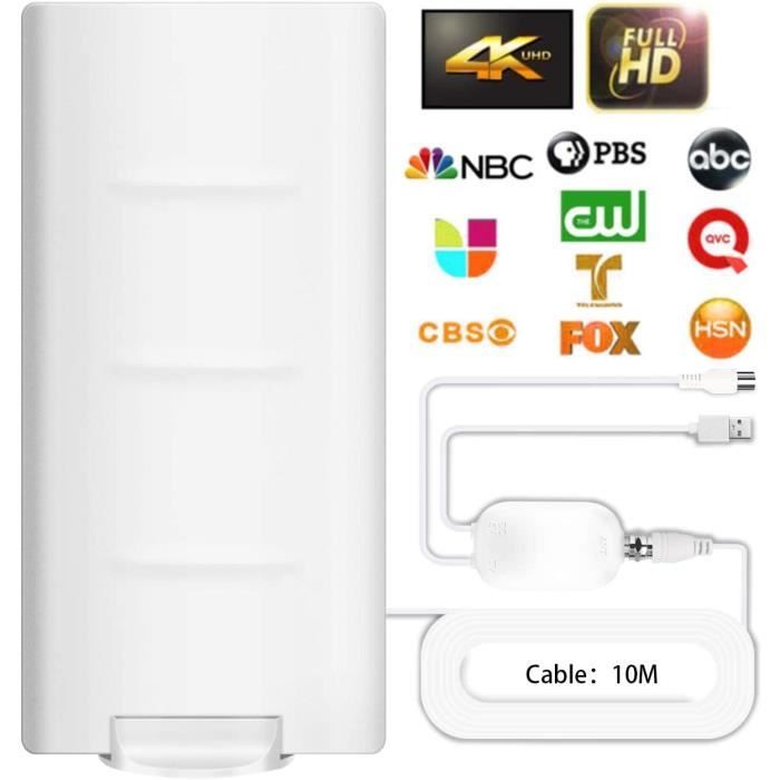 Antenne TV Intérieure 2025 600KM Avec Amplificateur - Réception 4K 1080P HDTV TNT DVB-T, Câble 10m
