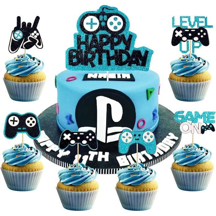 Décorations Gâteau Anniversaire Thème Jeux Vidéo | Figurines Casque, Manette, Boules Disco - Kit Complet - 8