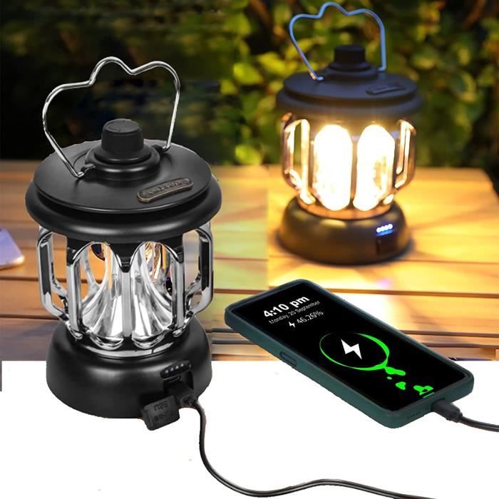 Lampe De Camping LED Rechargeable 1200 MAh – Rétro, IPX4 Étanche, 2 Modes, Crochet Portable, Idéale Tente, Urgence, Jardin