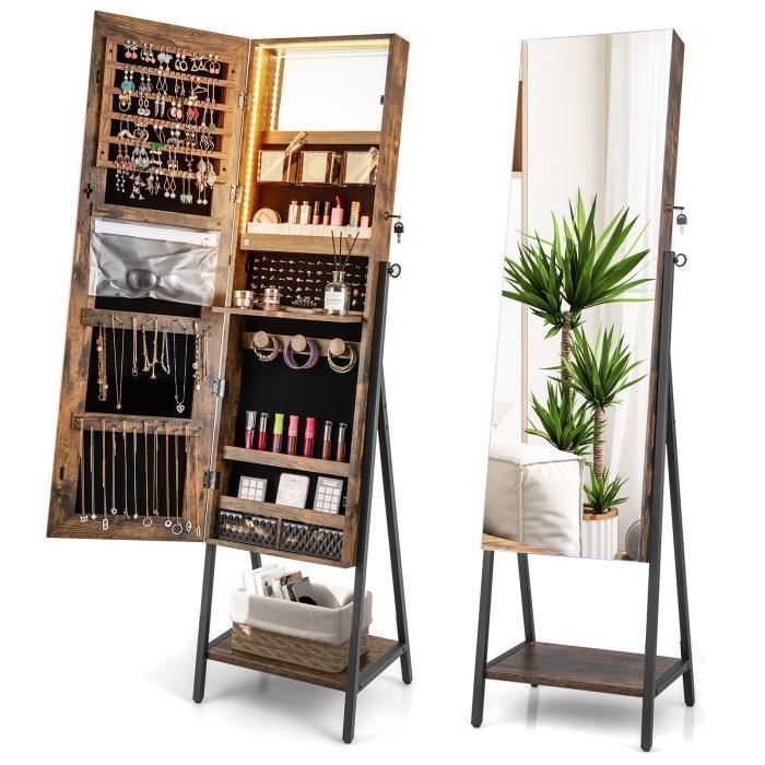 COSTWAY Armoire à Bijoux sur Pied avec Miroir Pleine Longueur HD Lumières LED 3 Couleurs et Miroir Intérieur Verrouillable