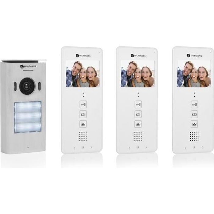SMARTWARES Interphone vidéo 2 fils pour 3 appartements avec écran 3,5" tactile DIC-22132