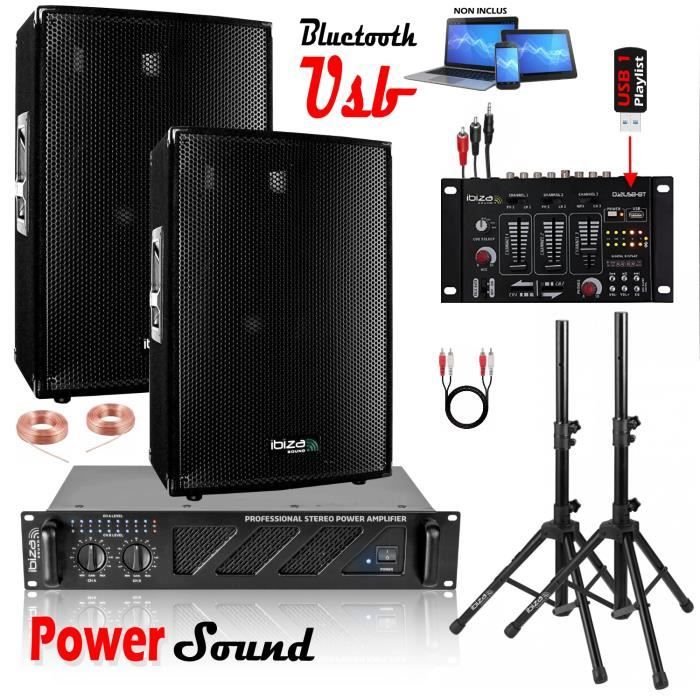 Sonorisation IBIZA SOUND dj avec 2 Enceintes 1200w total - Ampli Sono 960w - Table de Mixage DJM USB BLUETOOTH - Câbles Offerts - P