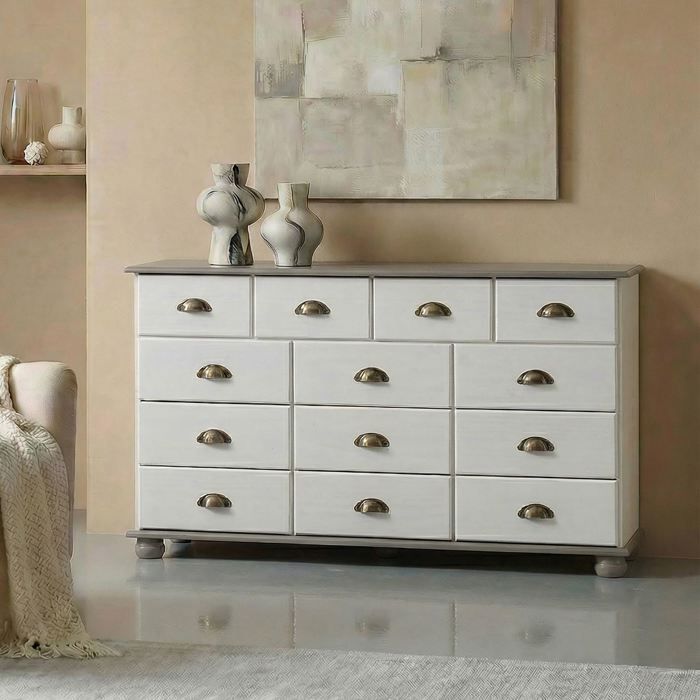 Commode COLMAR chiffonnier apothicaire rangement avec 11 tiroirs en pin massif lasuré blanc et taupe Commode COLMAR chiffonnier apothicaire rangement avec 11 tiroirs en pin massif lasuré blanc et taupe