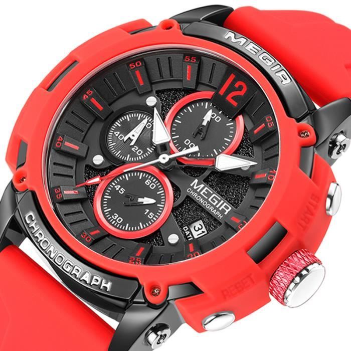 Montre pour hommes MEGIR Fashion Top Brand Luxury Quartz Waterproof Sport Clock Watch Red Silicone Strap Achat vente montre Homme Adulte Rose Cdiscount